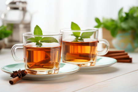 Exquisite Tea Delights: Aromatic Cinnamon and Mint Infusions in Glass Cupsの素材