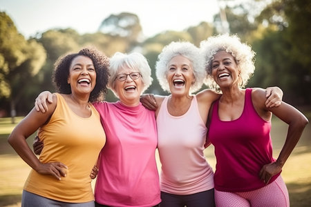 Joyful Multiracial Senior Women Embrace the Post-Workout Hilarity in the Parkの素材
