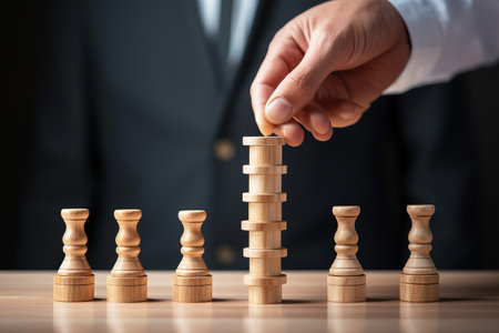 Building a Winning Team: The Hand-Selected Cube Wooden Block Stack with King Chess, Gear, and Humanの素材