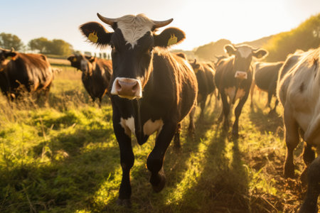 Captivating Morning Grazing: Enchanting Bulls Delightfully Munching on a Verdant Fieldの素材