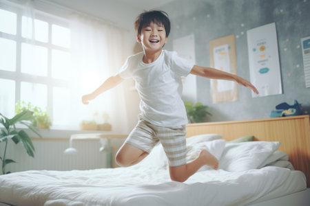 The Energetic Adventures of a Joyful Asian Elementary School Boy: Dancing, Jumping, and Stomping witの素材