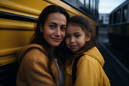 Capturing the Bond: A Heartwarming Image of a Hispanic Mother and Daughter by the School Busの素材