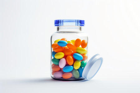 Pill-filled Glass Jar: Essential Medications in Stock. [Stock Photo] Captured on a Crisp White Backgの素材