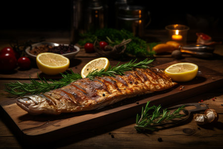 Savory Grilled Trout Fillet Presented on a Rustic Wooden Tableの素材