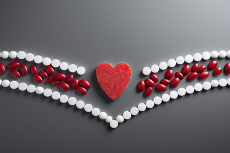 Pulsating Health: Exploring the Heartbeat Line of Red Lace on Grey Background with White Tabletsの素材