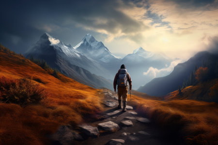 Enigmatic Wilderness: A Hiker Embarking on a Journey through Majestic Mountain Rangesの素材