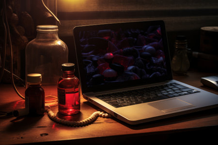 Examining Health: The Laptop, Stethoscope, and Bottle of Pills on the Deskの素材