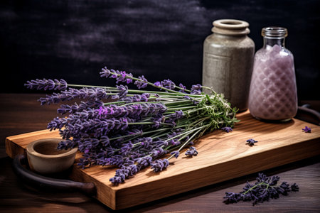 Serene Sensations: Capturing Lavender Bliss on a Rustic Wooden Boardの素材