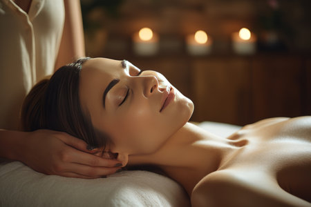 Blissful Relaxation: Caucasian Young Woman Enjoys a Soothing Massage from a Female Masseur at a Wellの素材