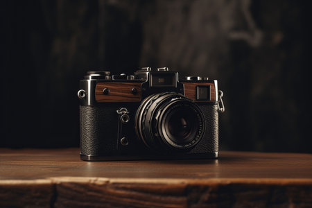 Capturing Lifes Moments: The Stylish Black Camera on a Sleek Brown Surface - AR 3:2の素材