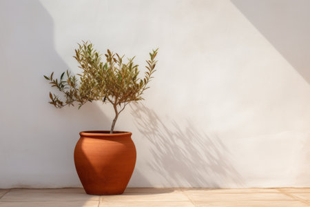 Artistic Harmony: The Intricate Brown Clay Pot Enhancing a White Concrete Corner Wall, AR 3:2の素材