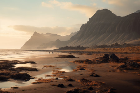 Majestic Coastline: A Brown Seashore Embracing Mountain Peaksの素材