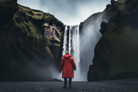 Mystical Moments: Enigmatic Travelers Embrace Amidst Breathtaking Waterfallの素材