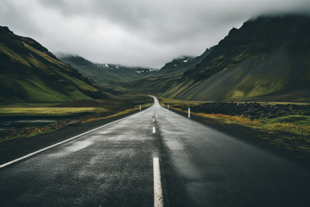 Majestic Mountain Pass: Journeying through an Overcast Asphalt Road Amidst Rugged Terrainの素材