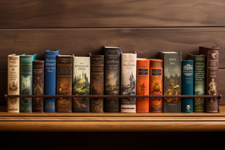A Glimpse into an Array of Captivating Titles: Adorned Wooden Shelf Awash with Diversityの素材