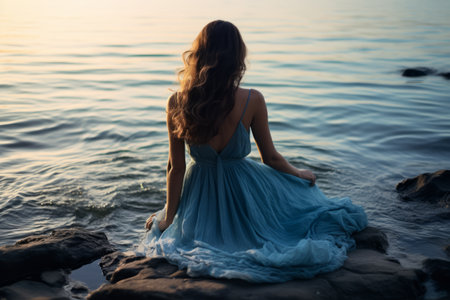 Serene Reflections: A Captivating Back View of a Woman in a Blue Dress by the Shoreの素材