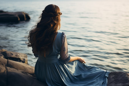 Captivating Serenity: A Back View of a Woman in a Blue Dress on the Shore --AR 3:2の素材