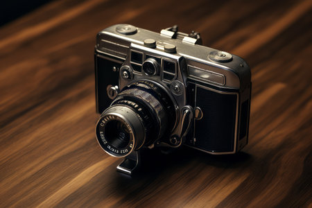Capturing Timeless Moments: The Black and Silver Film Camera Chronicles on Brown Wooden Surfaceの素材