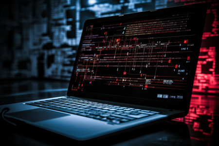 The Enigmatic World of Binary: Unveiling Cryptic Computer Codes on a Black Laptop Screenの素材