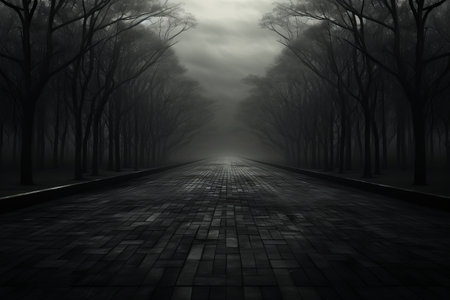 Enveloped in Natures Embrace: The Black Paved Road Surrounded by Trees --ar 3:2の素材