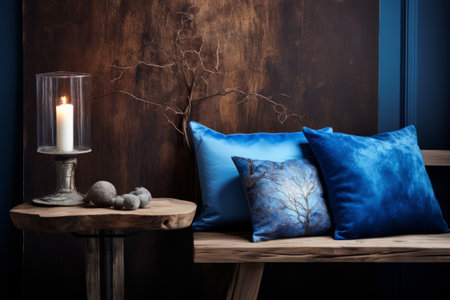 Stylish Contrast: Blue Throw Pillow Pairs Perfectly with Brown Wooden Table -AR 3:2の素材