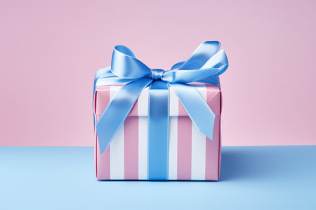 Vibrant Contrasts: A Blue White Ribbon Ties Together a Pink Box in a 3:2 Ratioの素材