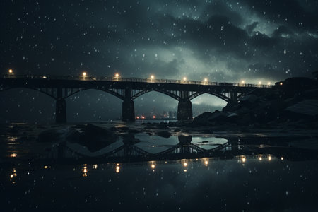 Picturesque Night-time Reflections: Capturing a Serene Body of Water Across the Bridge in AR 3:2の素材