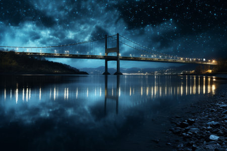 Enchanting Nighttime Reflections: Crossing the Serene Body of Waterの素材