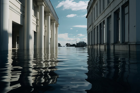 Serenity by the Water: A Captivating Building Near a Tranquil Body of Waterの素材