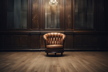 Rustic Elegance: Brown Wooden Armchair Adorning a Polished Brown Wooden Floorの素材