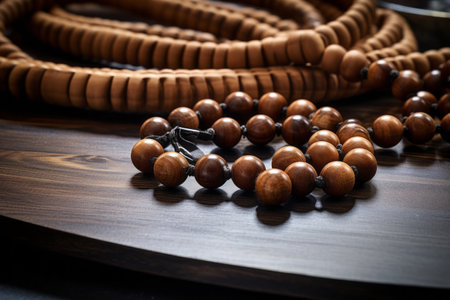The Rustic Charm of a Brown Wooden Board Adorned with Black Beads: A Captivating 3:2 Aestheticの素材