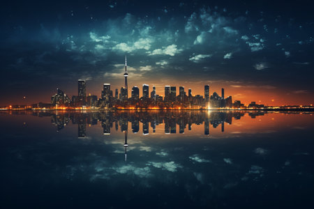 Nightscape: Captivating City Skyline Reflecting on Tranquil Waters -ar 3:2の素材