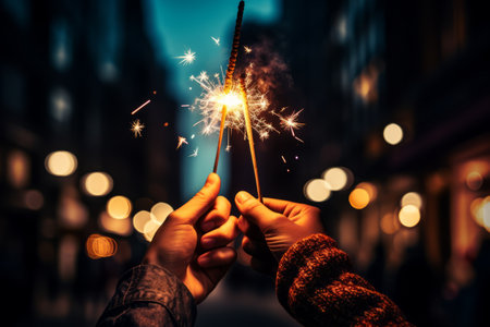 Captivating Sparkling Bond: A Close-Up Portrait of Two People Holding Sparklers - AR 3:2の素材