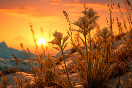 Radiant Sunset Silhouetting Exquisite Plants Against Scenic Horizonの素材