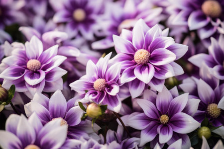 Breathtaking Beauty: A Closeup Capture of Enchanting Purple-and-White Petaled Flowersの素材