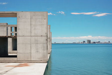 Serene Harmony: Architectural Marvels Nestled by Azure Waters and Skiesの素材