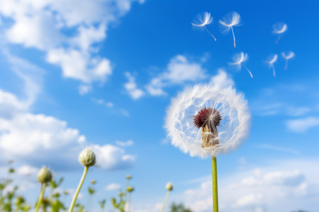 Serenity Captured: A Close-Up of a Dandelion Flower Embracing the White and Blue Skyの素材