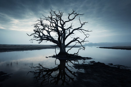 Enigmatic Noir: the Black Withered Tree Amidst Serene Watersの素材