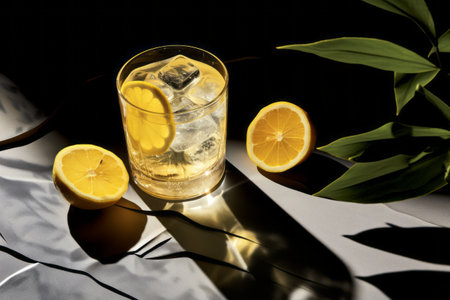 Lemon-infused Elegance: Captivating Flat Lay of Highball Glass with Zesty Sliced Lemon (AR 3:2)の素材