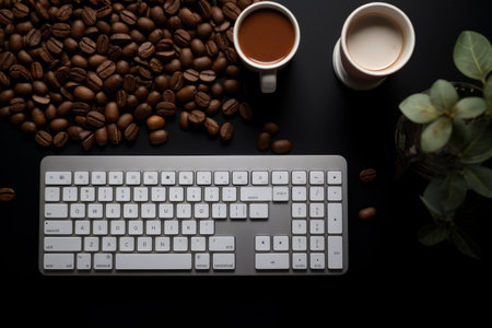 Captivating Composition: An Artistic Flat Lay of Apple Magic Keyboard, Mouse, and a Steaming Mug ofの素材