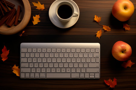Stunning Flat Lay Photography: Apple Magic Keyboard, Mouse, and Coffee Mug Surrounded by Aromatic Beの素材