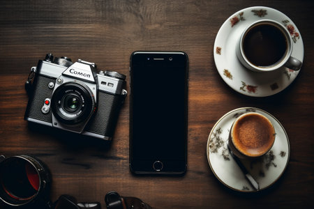 Capturing Perfection: Exquisite Flat Lay Photography of iPhone and MILC Camera on Tableの素材