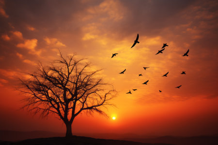 Capturing the Serenity: Majestic Flock of Birds Soaring Above a Solitary Tree at Sunsetの素材