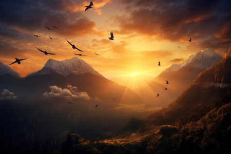 Sunset Serenade: Captivating Flock of Birds Soaring Above the Majestic Mountainの素材