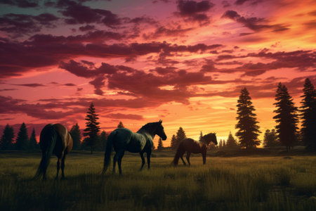 A Serene Sunset Scene: Four Assorted-color Horses Gracefully Grazing on Vibrant Grass Fields Amidstの素材