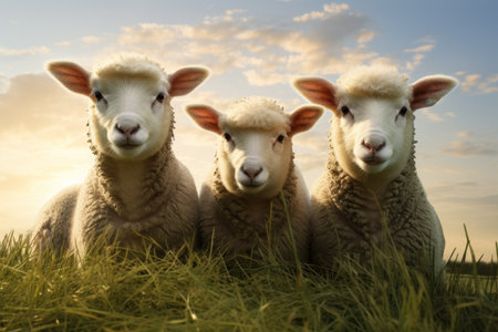 The Idyllic Harmony: Four Sheep Grazing on Lush Green Grass --ar 3:2の素材