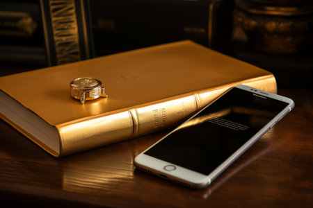 Golden Harmony: A Luxurious Trio of iPhone 7, Book, and MacBookの素材