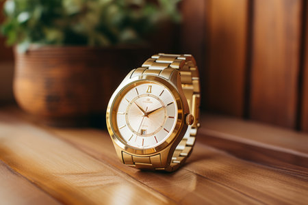 Gleaming Gold: Timeless Elegance Captured on Beige Wood Surfaceの素材