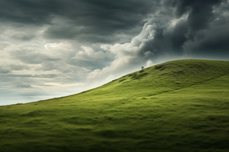 Majestic Landscape: A Serene Grass Field Beneath a Dramatic Cloudy Sky -ar 3:2の素材