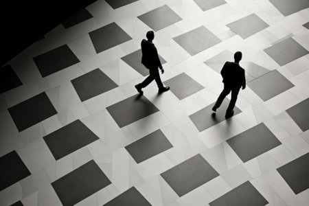 Capturing the Serenity: A Monochromatic Narrative of Two Men Strolling on Floor Tilesの素材